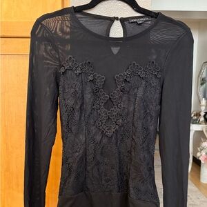 Haute Monde Black Lace Mesh Bodysuit – Medium Long Sleeve Floral Detail